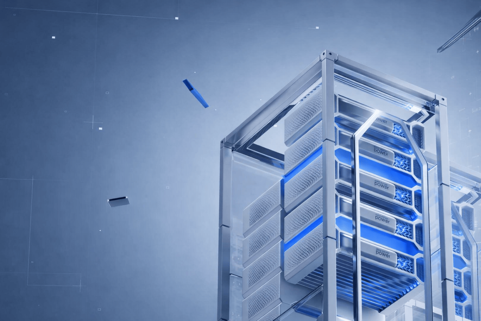 Tall futuristic server tower with glowing green elements and digital interface graphics.