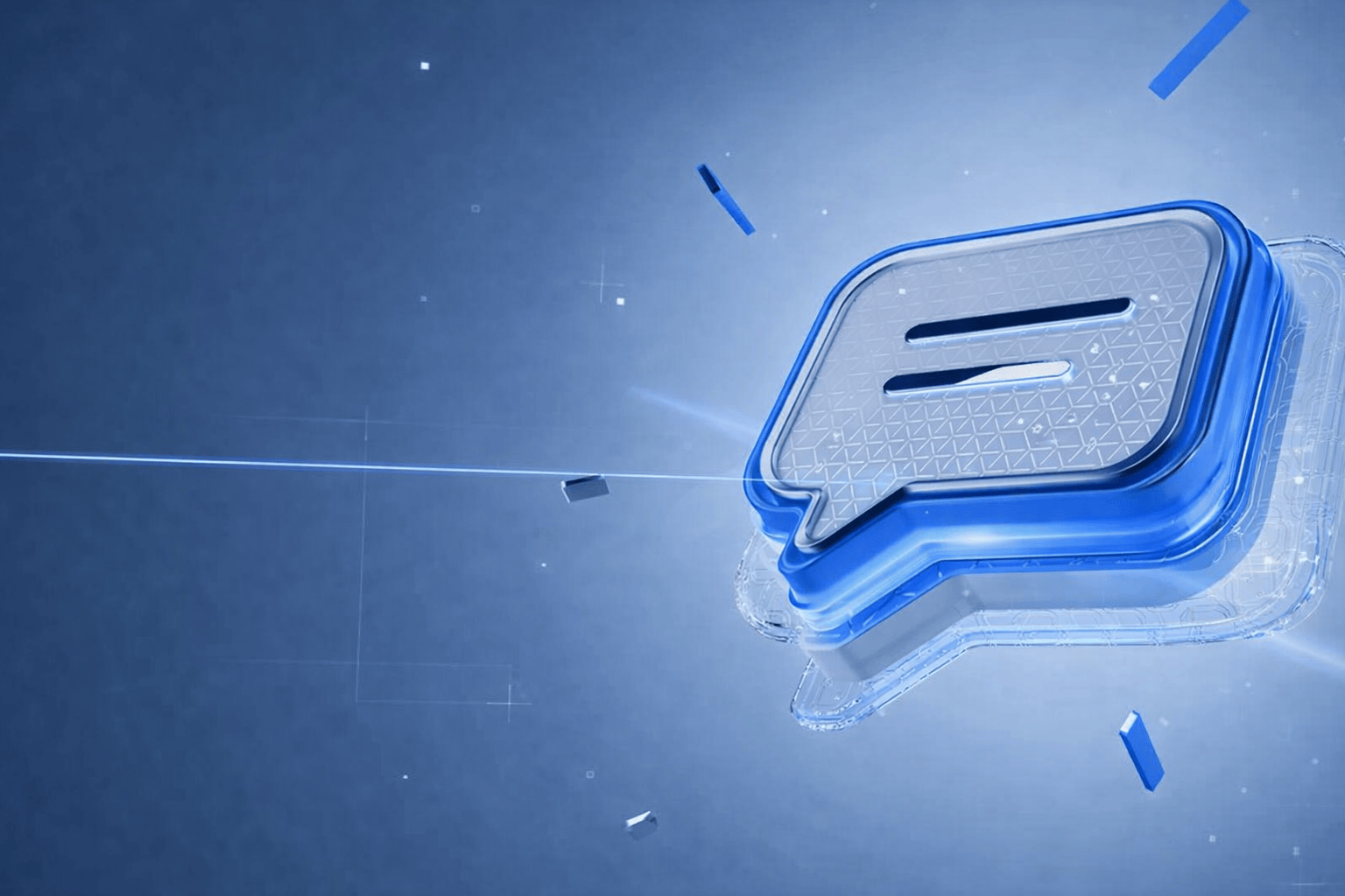 Futuristic chat bubble icon with green glow and geometric patterns on a dark background.