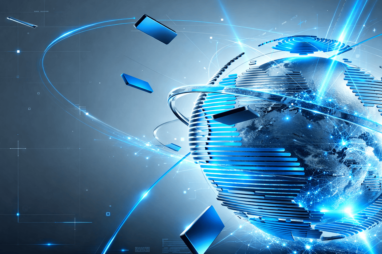 A stylized digital globe with green and silver elements, surrounded by floating rectangular shapes and glowing network lines.
