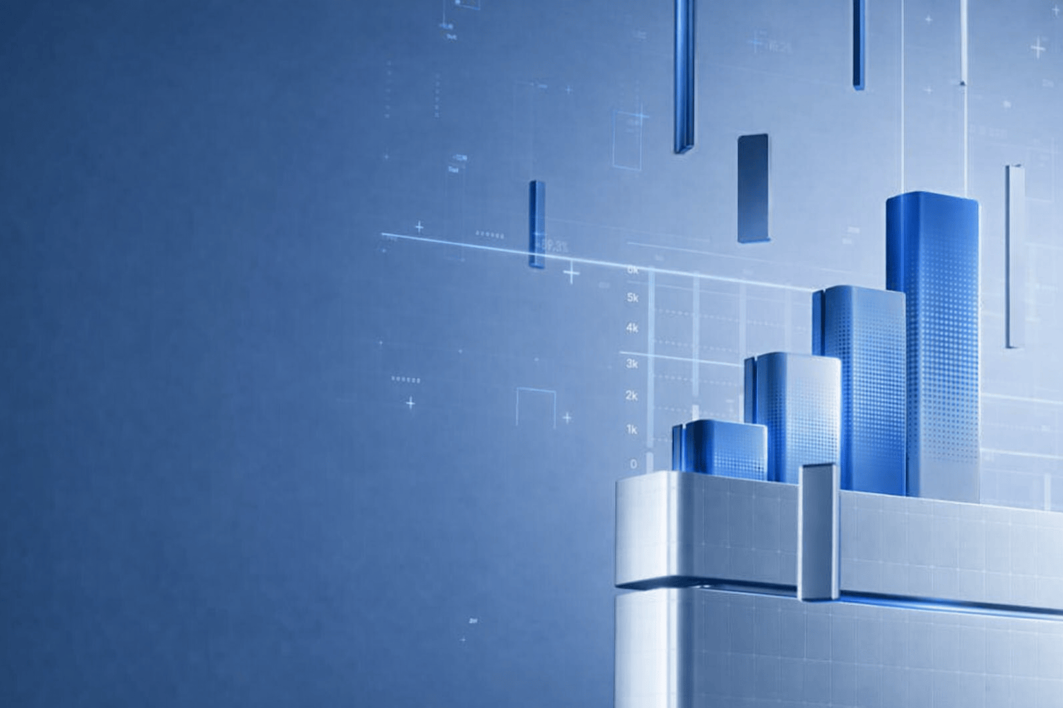 Futuristic bar chart with glowing green columns and digital grid elements.